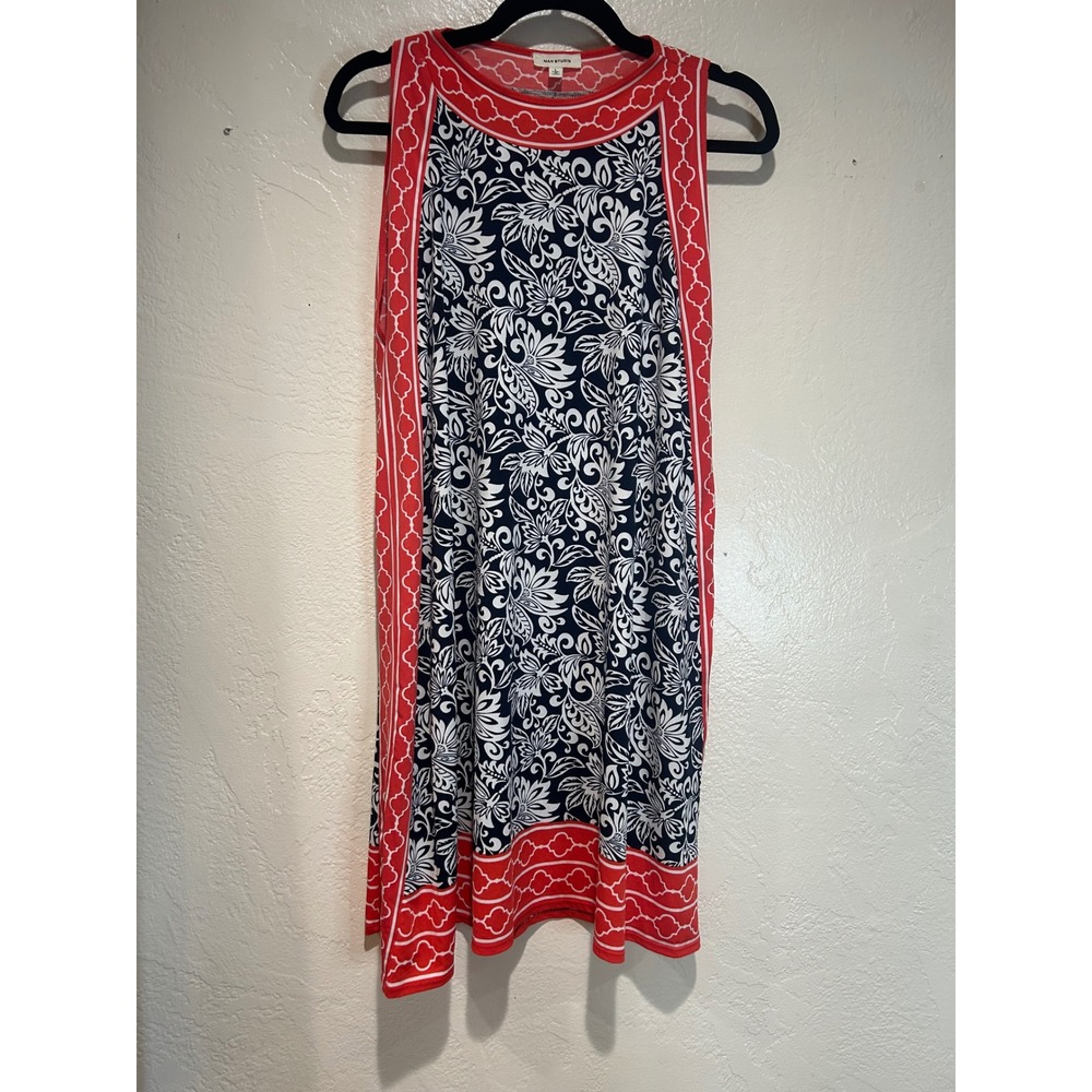 Max Studio Womens Large Navy Red Floral Geometric Sleeveless Shift‎ Tunic Dress